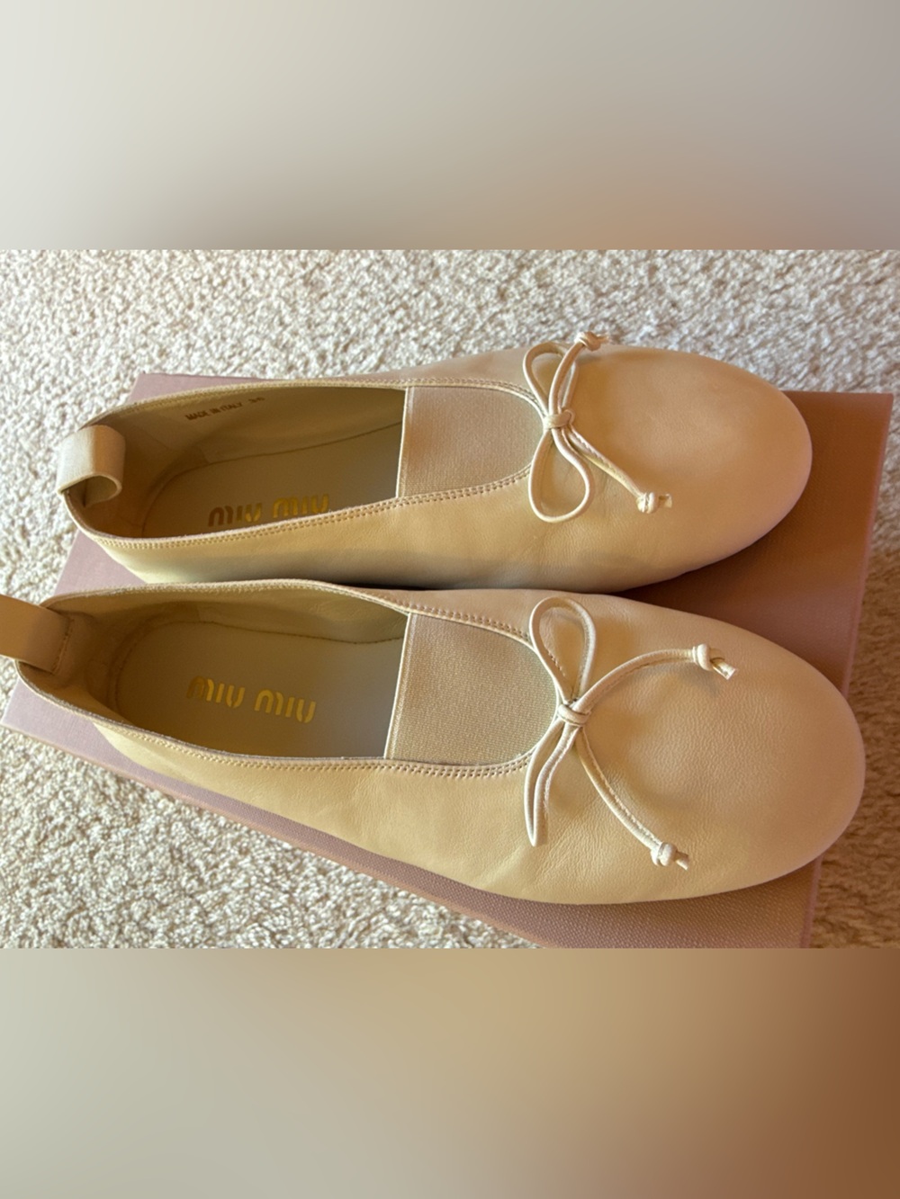 Miu Miu Nude Cream Leather Bow Ballet Flats - Size 36